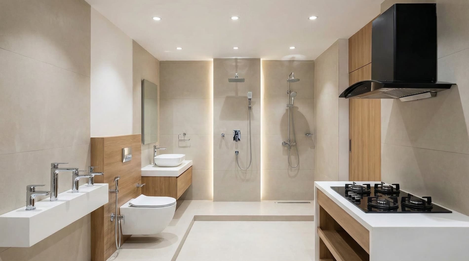 Modern bathroom interior with sleek white sanitaryware and warm lighting