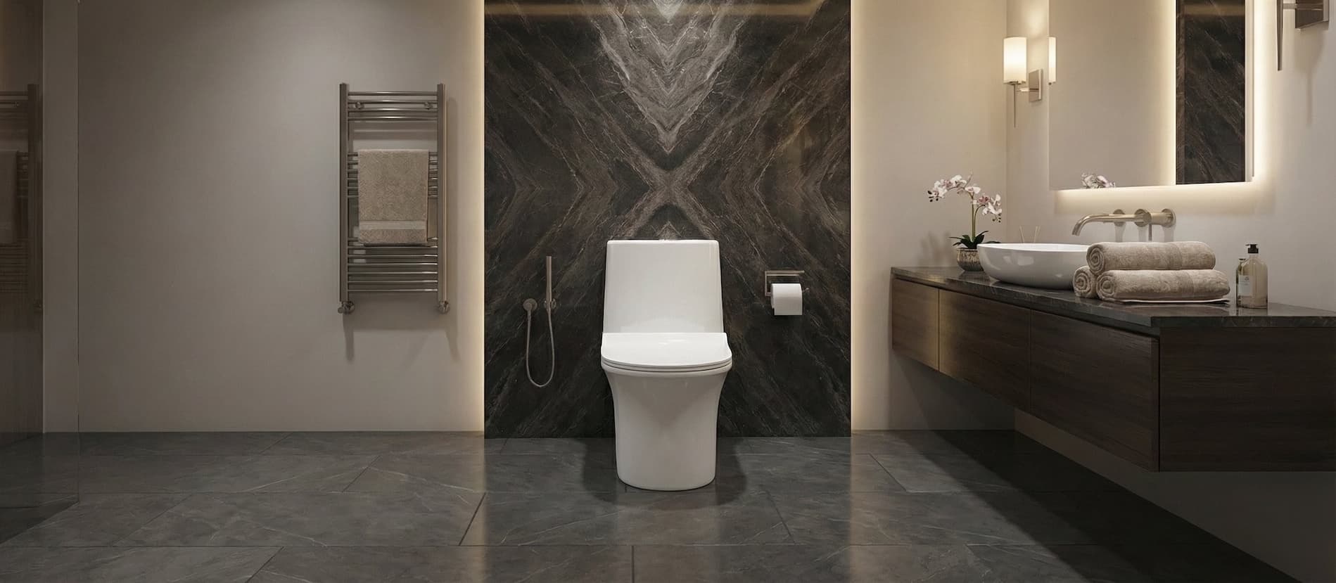 Luxury toilet in modern dark bathroom setting