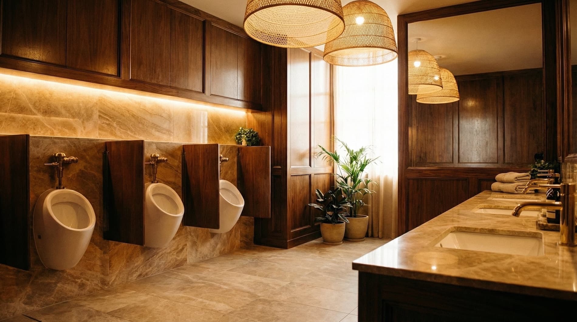 Urinals in modern bathroom setting
