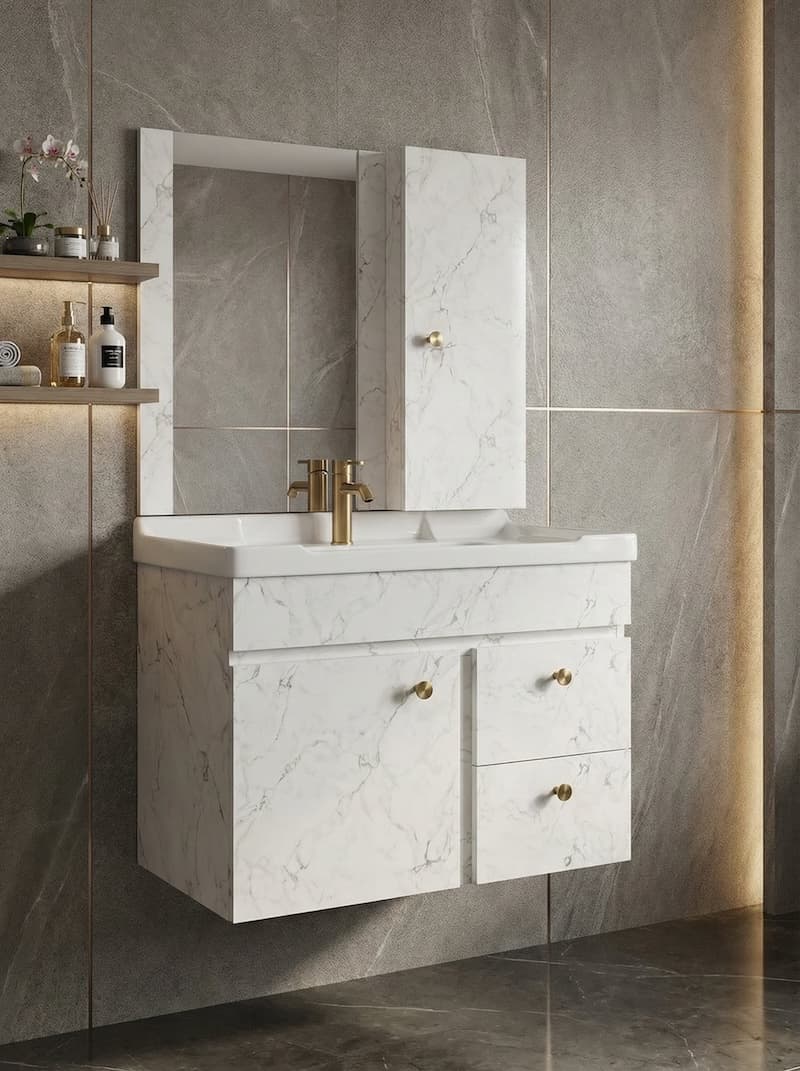 Stylish vanity cabinet in blue bathroom